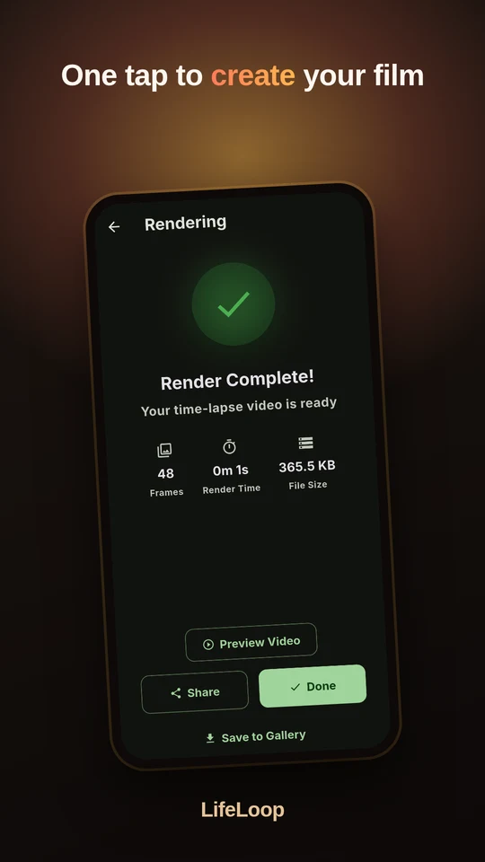 LifeLoop render settings with resolution, frame rate and transition options.